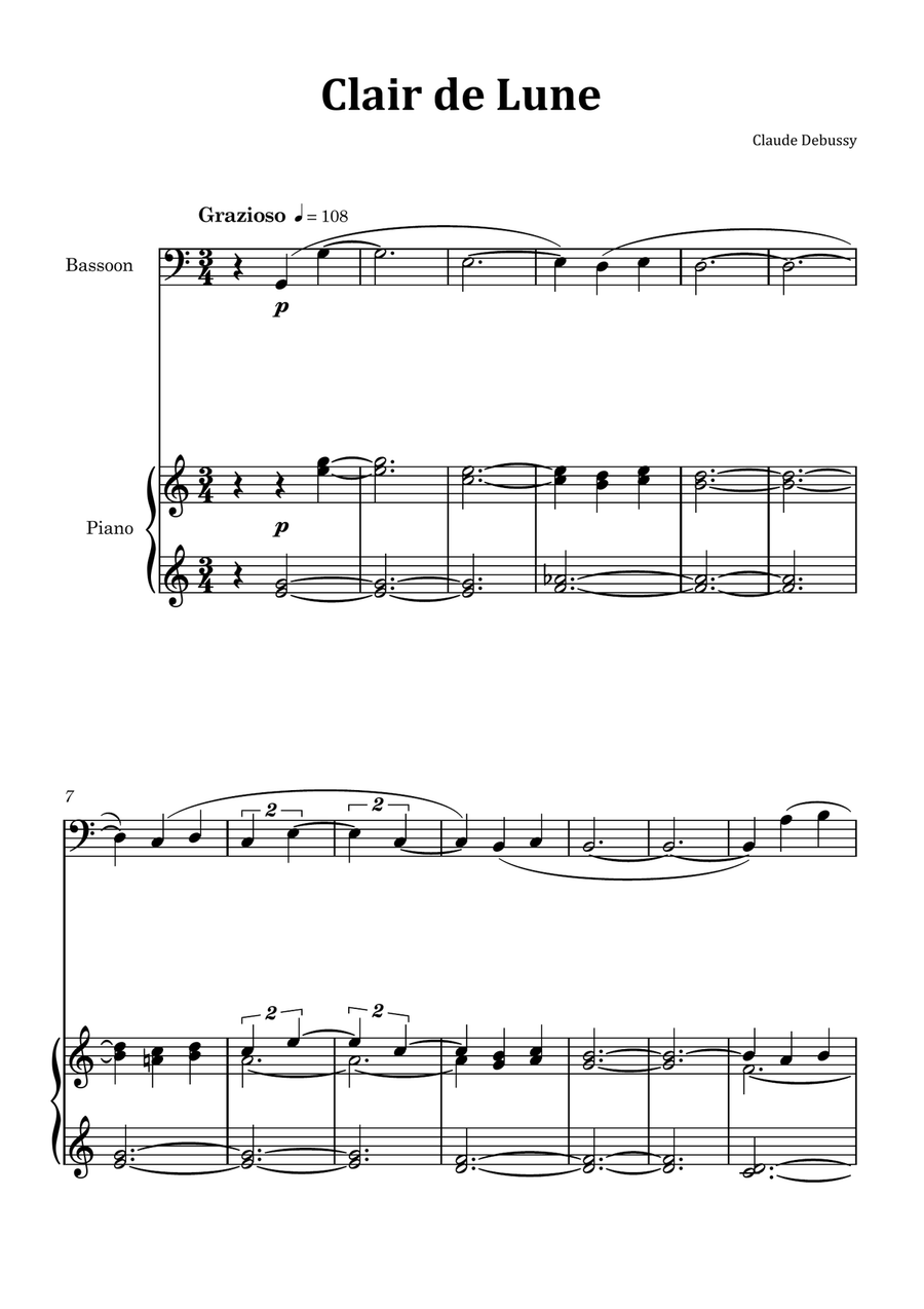 Clair de Lune by Debussy - Bassoon and Piano Chamber Music scores gallery preview page 1