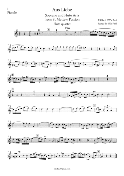 J S Bach Aus Liebe from St Matthew Passion, BWV 244. Flute quartet (Picc, Fl, A-Fl & Bass Fl) image number null