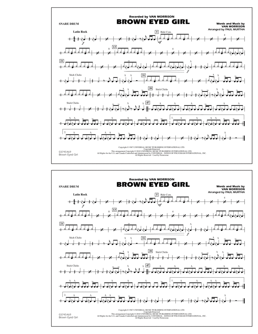 Brown Eyed Girl - Snare Drum Marching Band scores gallery preview page 1