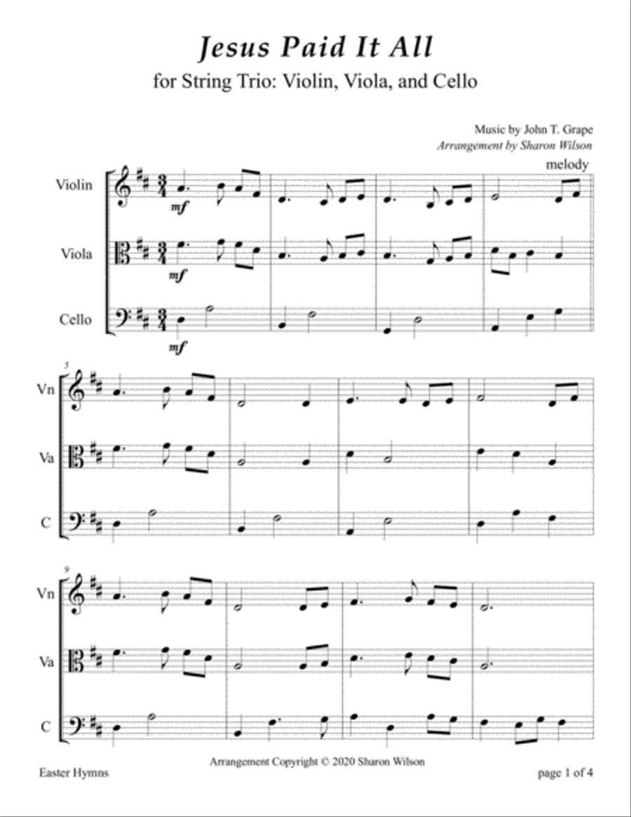 Jesus Paid It All (for String Trio – Violin, Viola, and Cello) String Trio scores gallery preview page 3