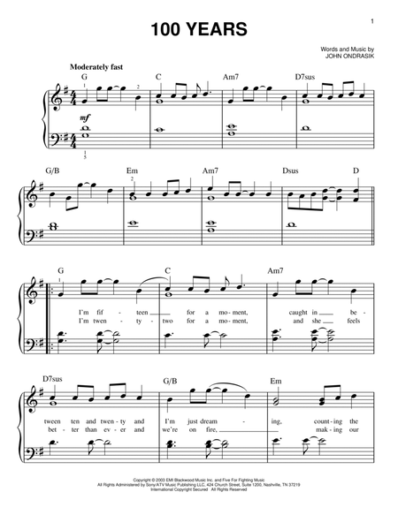 100 Years by Five for Fighting Easy Piano - Digital Sheet Music