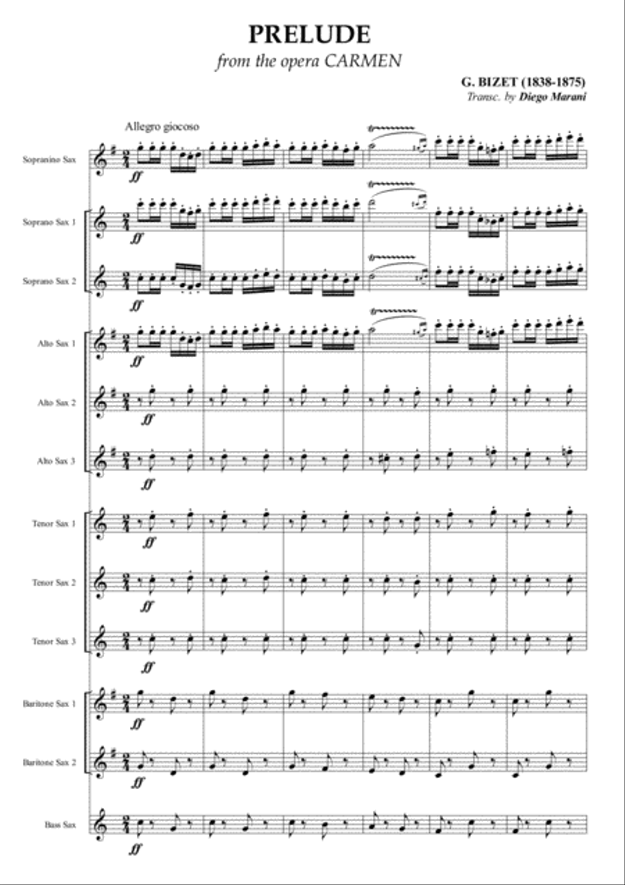 Carmen Overture (Prelude) for Saxophone Ensemble Woodwind Ensemble scores gallery preview page 1