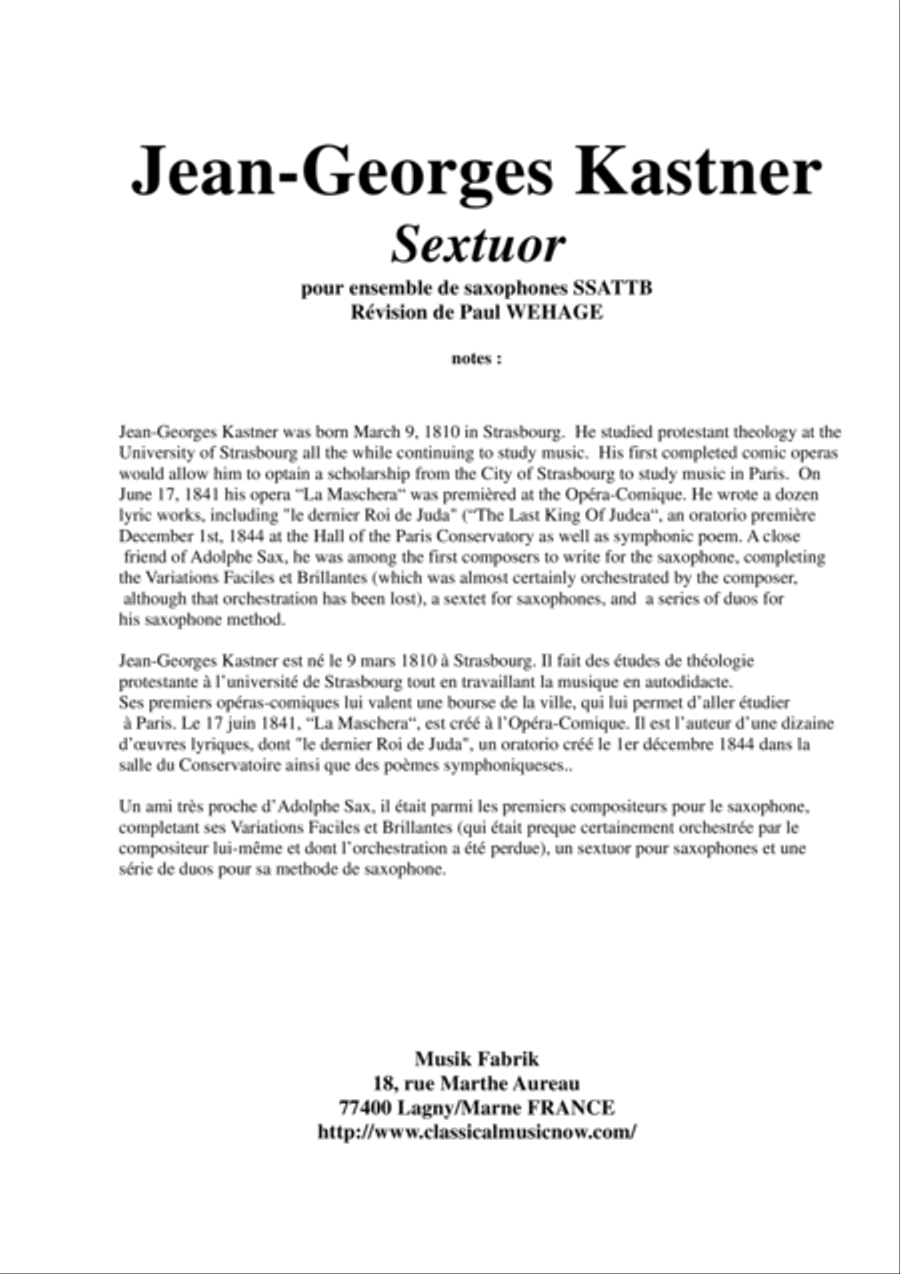 Jean-Georges Kastner: Sextuor for SSATTB saxophone ensemble, edited by Paul Wehage (original key of Choir scores gallery preview page 1