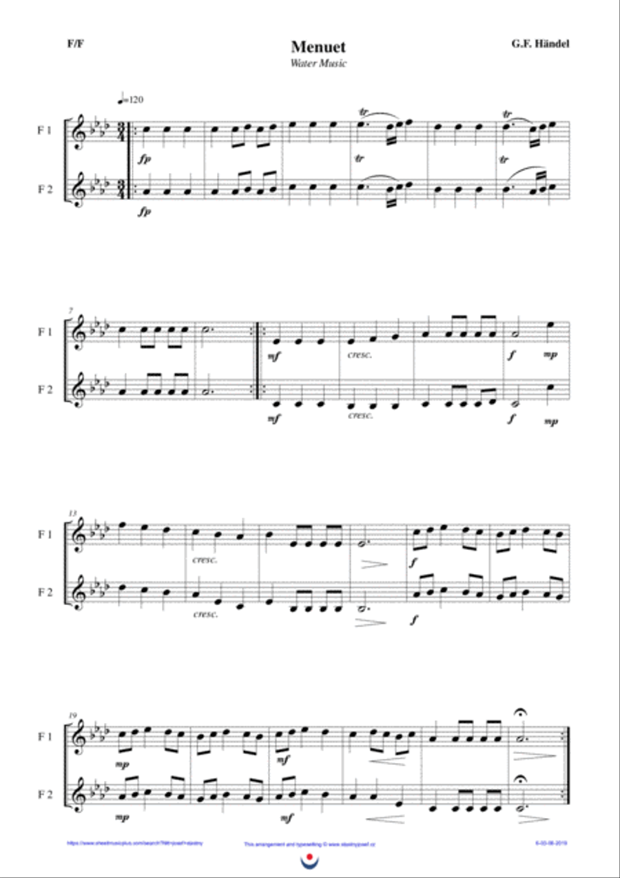 Menuet - Water Music (easy brass duet Nb. 6 - F/F) Brass Duet scores gallery preview page 1