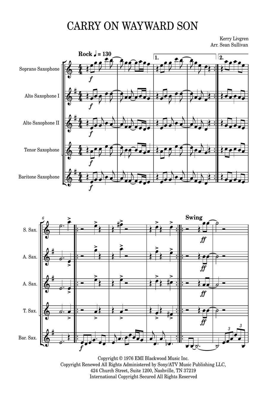 Carry On Wayward Son Saxophone Quintet scores gallery preview page 2
