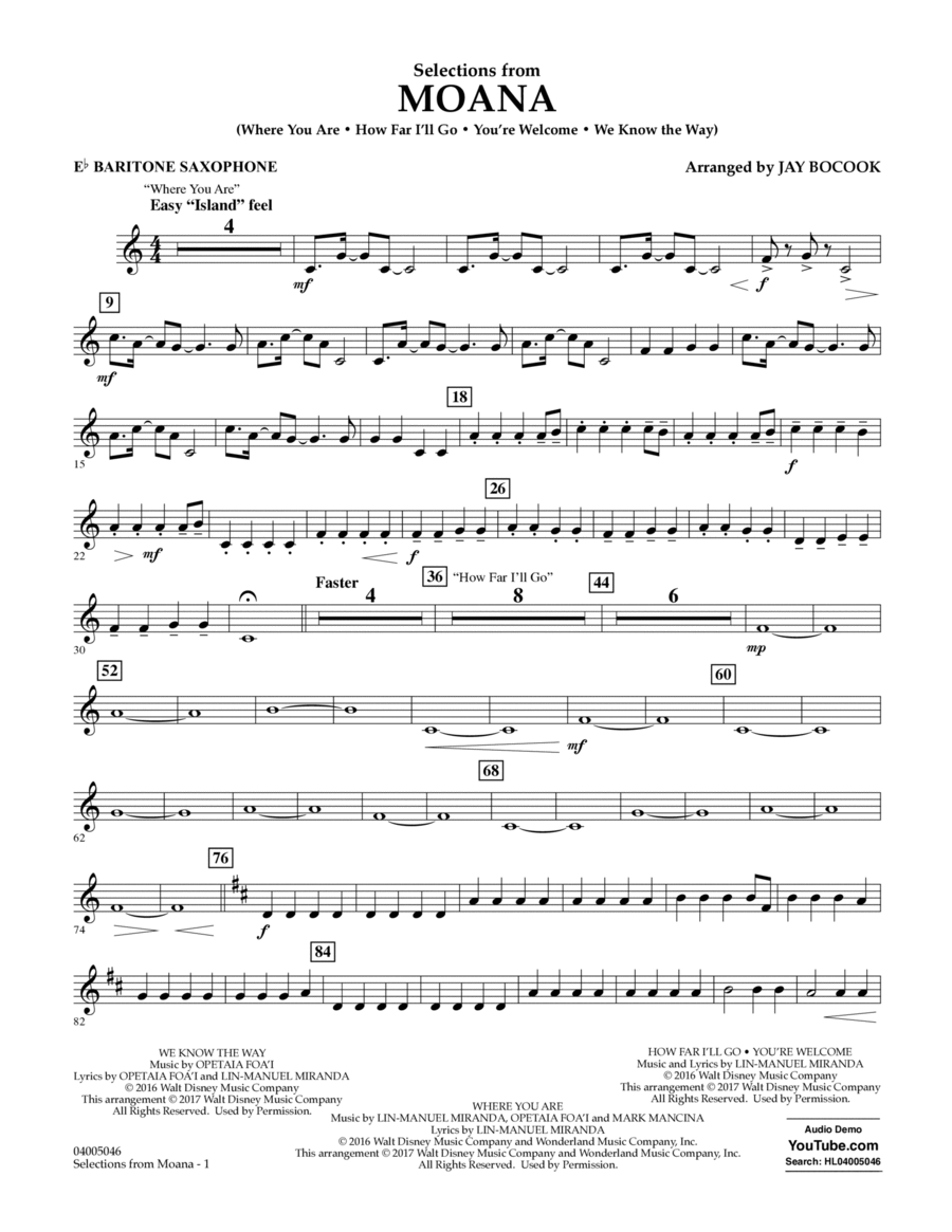 Selections from Moana - Eb Baritone Saxophone Concert Band scores gallery preview page 1