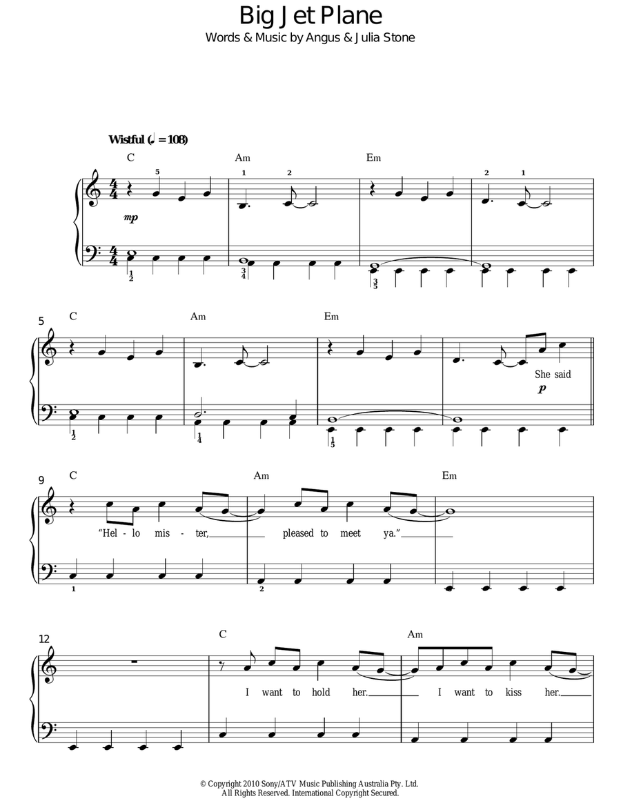 Big Jet Plane Big Jet Plane Easy Piano scores gallery preview page 1