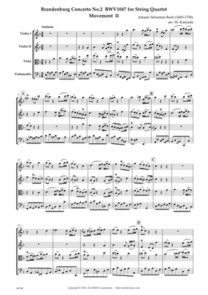 Brandenburg Concerto No.2 BWV1047 Movement II for String Quartet