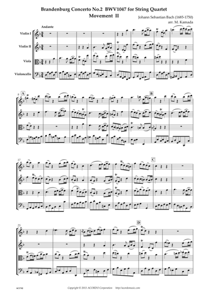 Brandenburg Concerto No.2 BWV1047 Movement II for String Quartet image number null