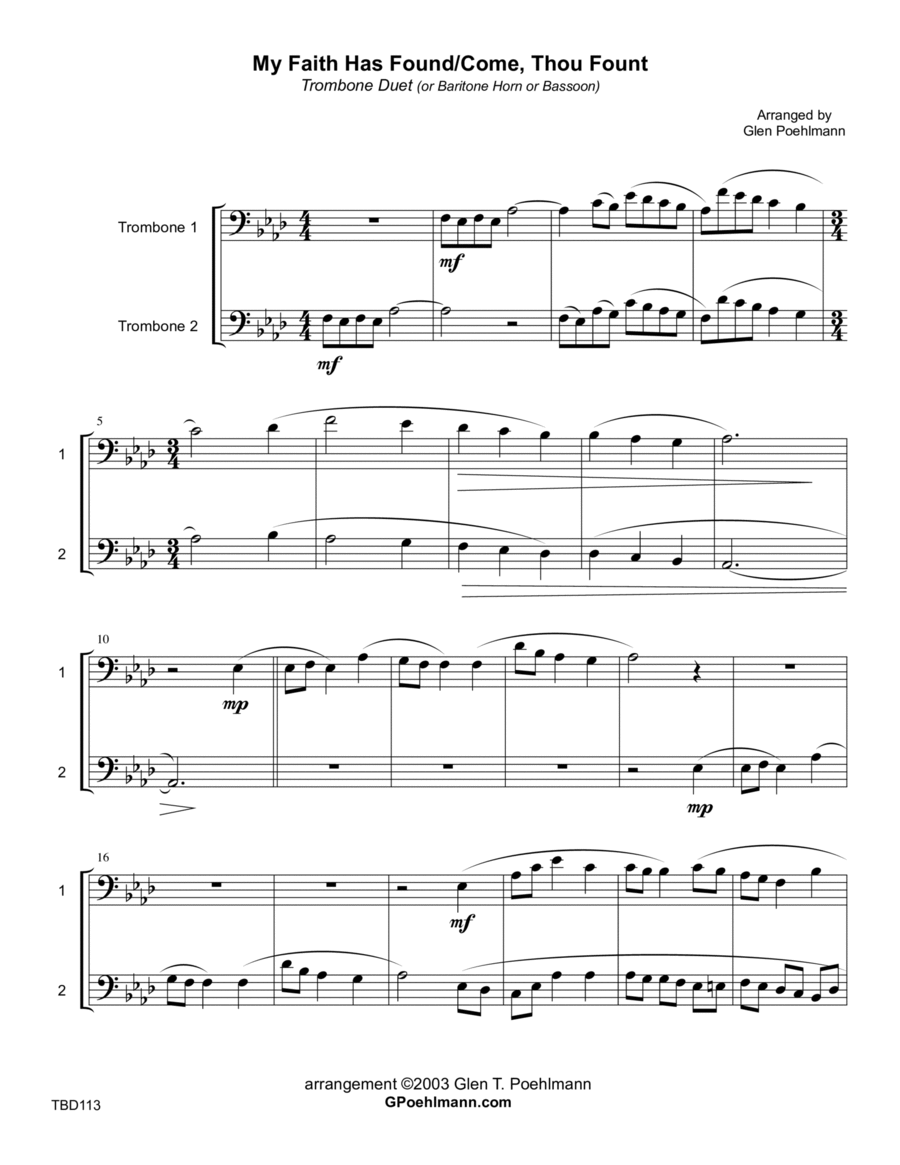 MY FAITH HAS FOUND A RESTING PLACE with COME THOU FOUNT OF EVERY BLESSING - TROMBONE DUET (unaccompa Trombone Duet scores gallery preview page 1