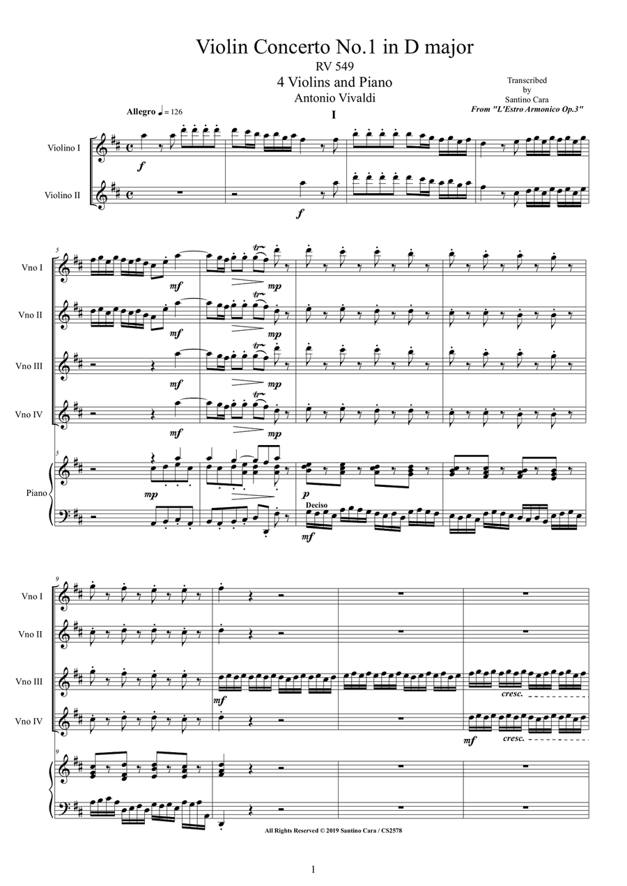 Vivaldi - Violin Concerto No.1 in D major RV 549 Op.3 for 4 Violins and Piano Violin Solo scores gallery preview page 1