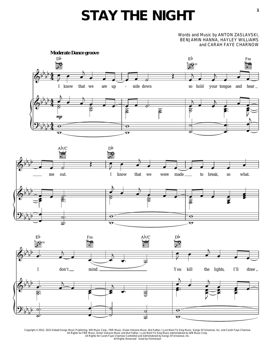 Stay The Night Piano, Vocal, Guitar scores gallery preview page 1