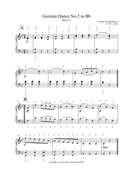 German Dance No.2 in Bb - Ludwig Van Beethoven (Easy to read and with fingerings for students)