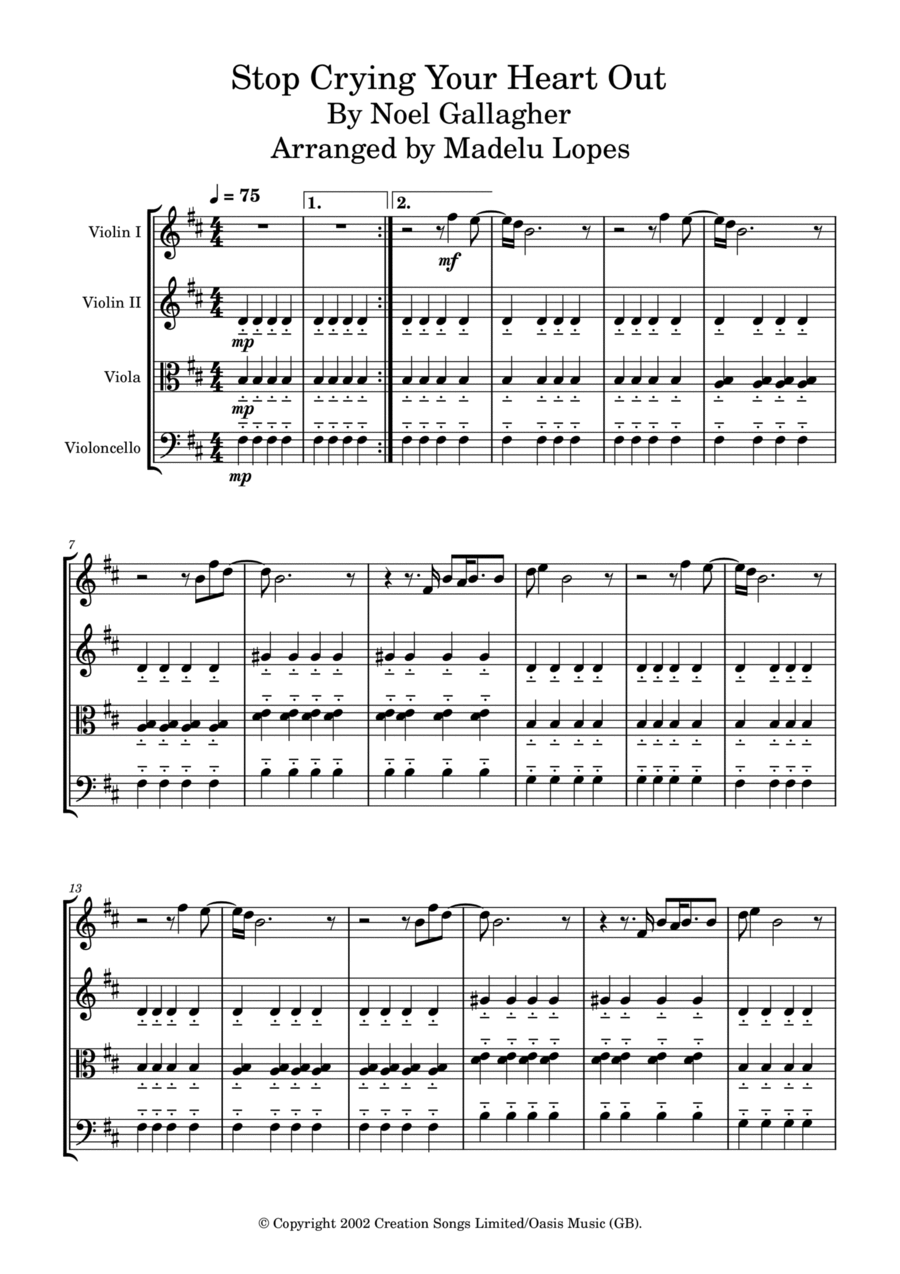 Stop Crying Your Heart Out String Quartet scores gallery preview page 1