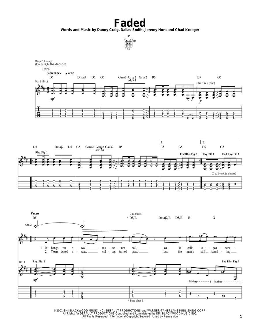 Faded Guitar Tablature scores gallery preview page 1