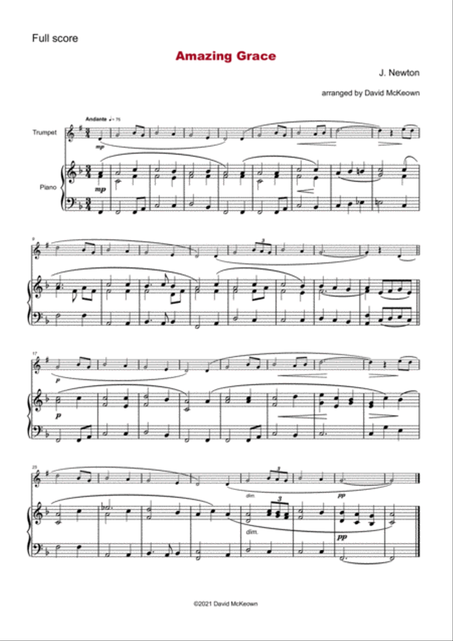 Amazing Grace, Gospel Hymn for Trumpet and Piano Trumpet Solo scores gallery preview page 2