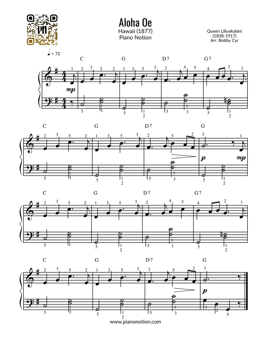 Aloha Oe (Piano Solo) Aloha Oe (Piano Solo) Easy Piano scores gallery preview page 1