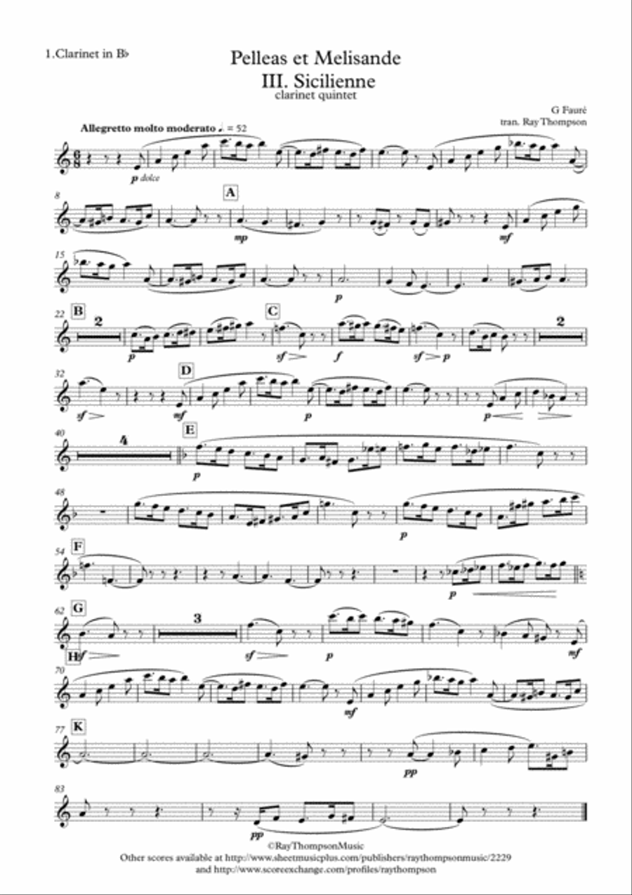 Fauré: Pelleas et Melisande Op.78 III. Sicilienne - clarinet quintet Clarinet Quintet scores gallery preview page 5