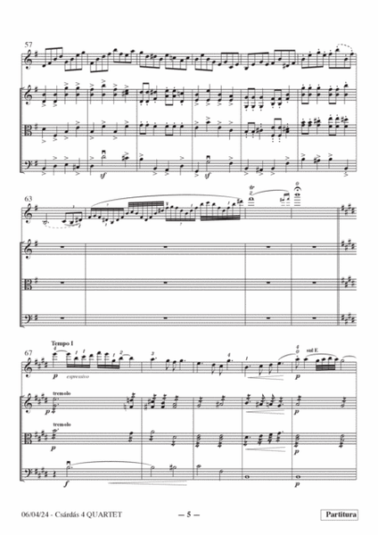 Hubay's Scènes de la Csárda n.4 for quartet:solo violin and string trio. Arr. by Dr. Zoltan Paulinyi image number null