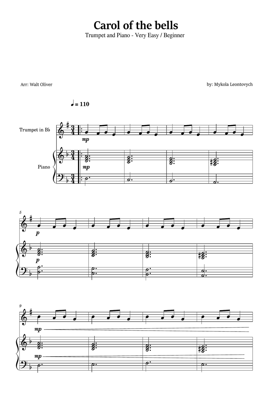 Carol of the Bells for Trumpet in Bb and Piano (Very Easy - Beginner) in D minor B-Flat Trumpet scores gallery preview page 1
