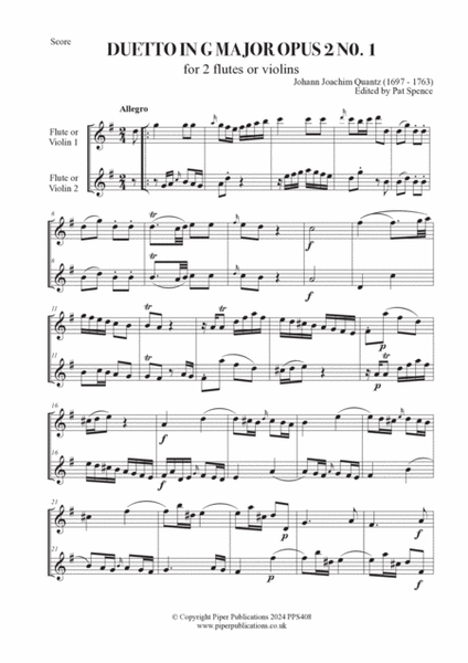 J.J. QUANTZ: DUETTO IN G MAJOR OPUS 2 No. 1 for 2 flutes or violins