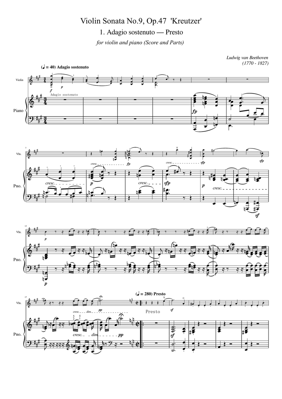 Beethoven - Violin Sonata No.9, Op.47 'Kreutzer' - Mov1. Adagio - for violin and piano Duet Original Violin Solo scores gallery preview page 1