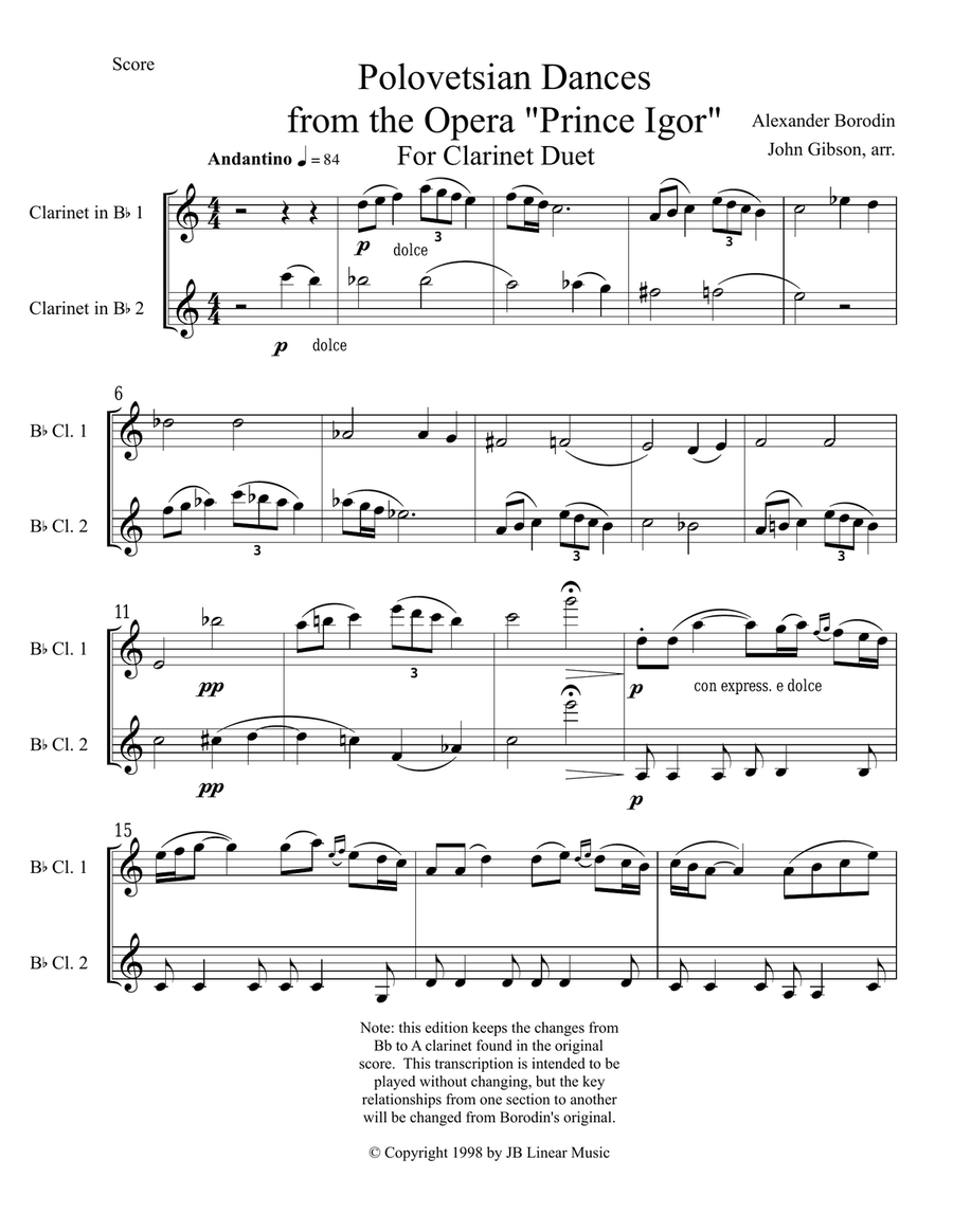 Borodin - Polovetsian Dances set for two clarinets image number null