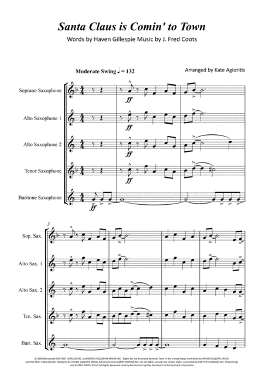 Santa Claus Is Comin' To Town Saxophone Quartet scores gallery preview page 2