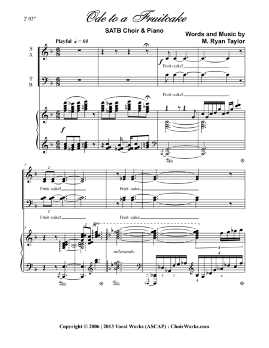 Ode to a Fruitcake : SATB Choir and Piano 4-Part scores gallery preview page 1
