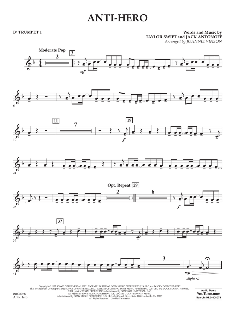 Anti-Hero (arr. Johnnie Vinson) - Bb Trumpet 1 Concert Band scores gallery preview page 1