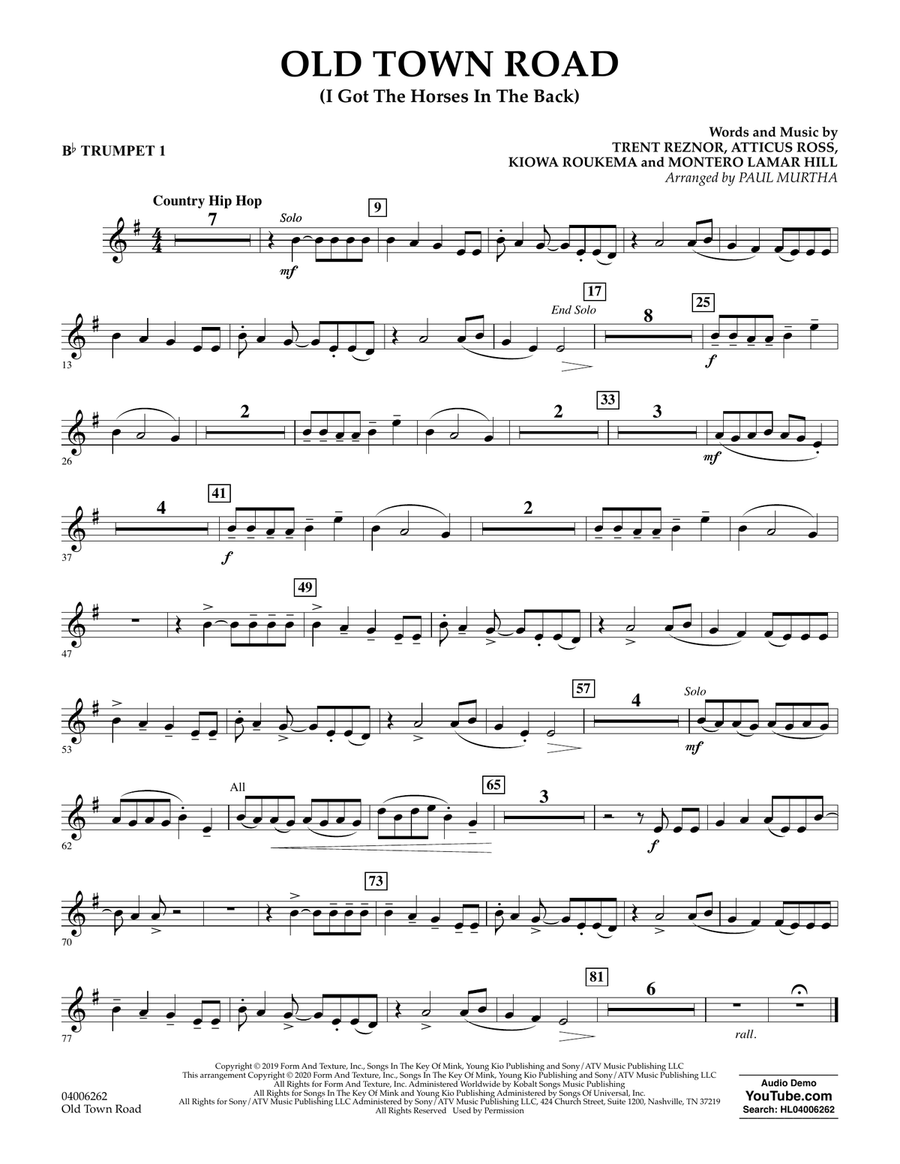 Old Town Road (arr. Paul Murtha) - Bb Trumpet 1 Concert Band scores gallery preview page 1