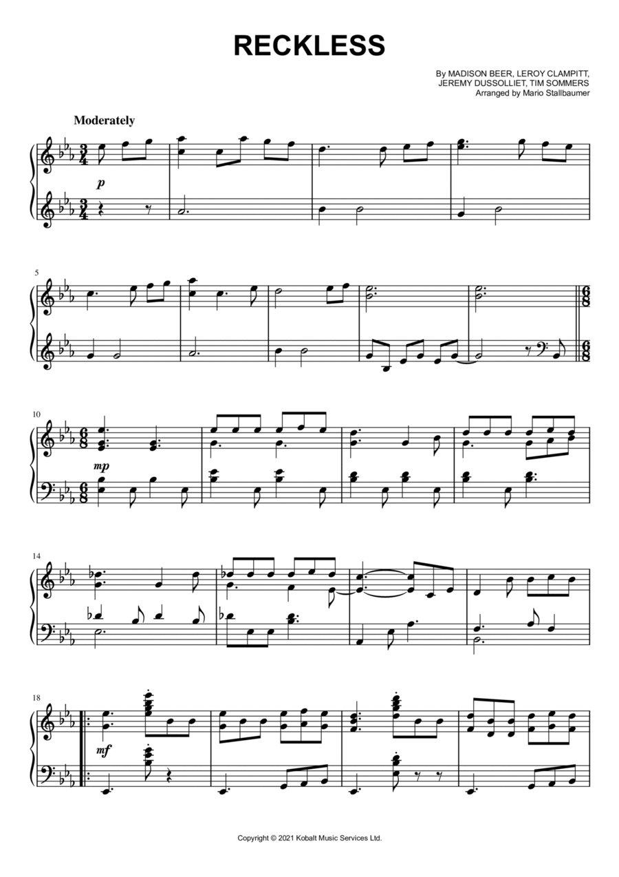 Reckless Piano Solo scores gallery preview page 1