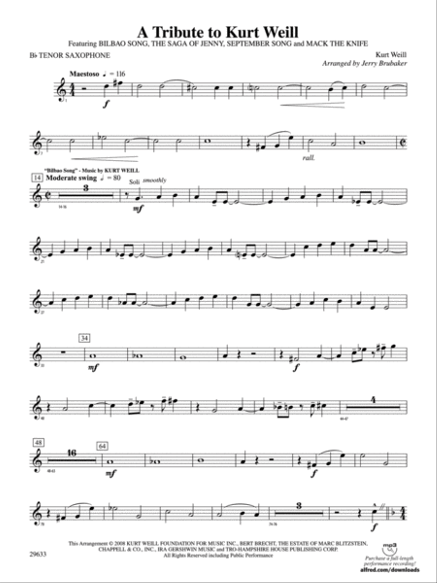 A Tribute to Kurt Weill: B-flat Tenor Saxophone Concert Band scores gallery preview page 1