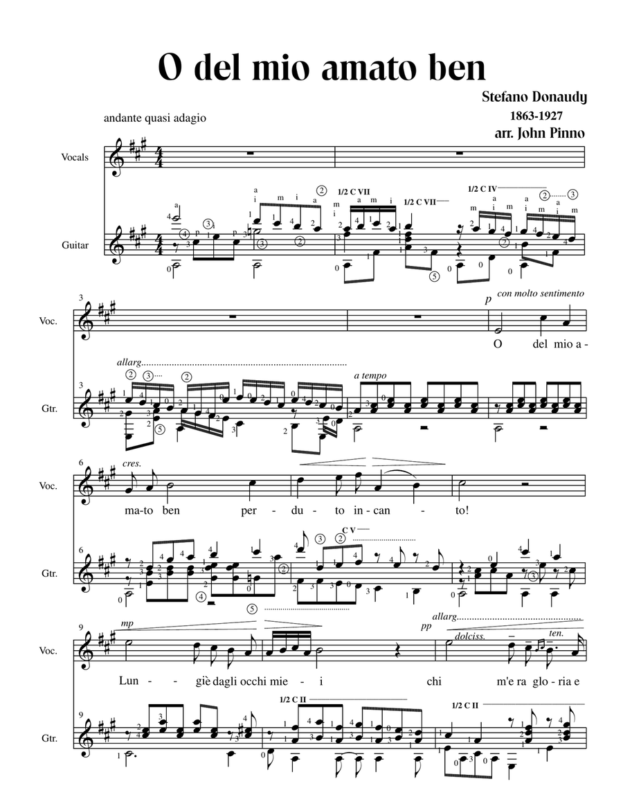 O del mio amato ben (Stefano Donaudy) for soprano voice and classical guitar Acoustic Guitar scores gallery preview page 2