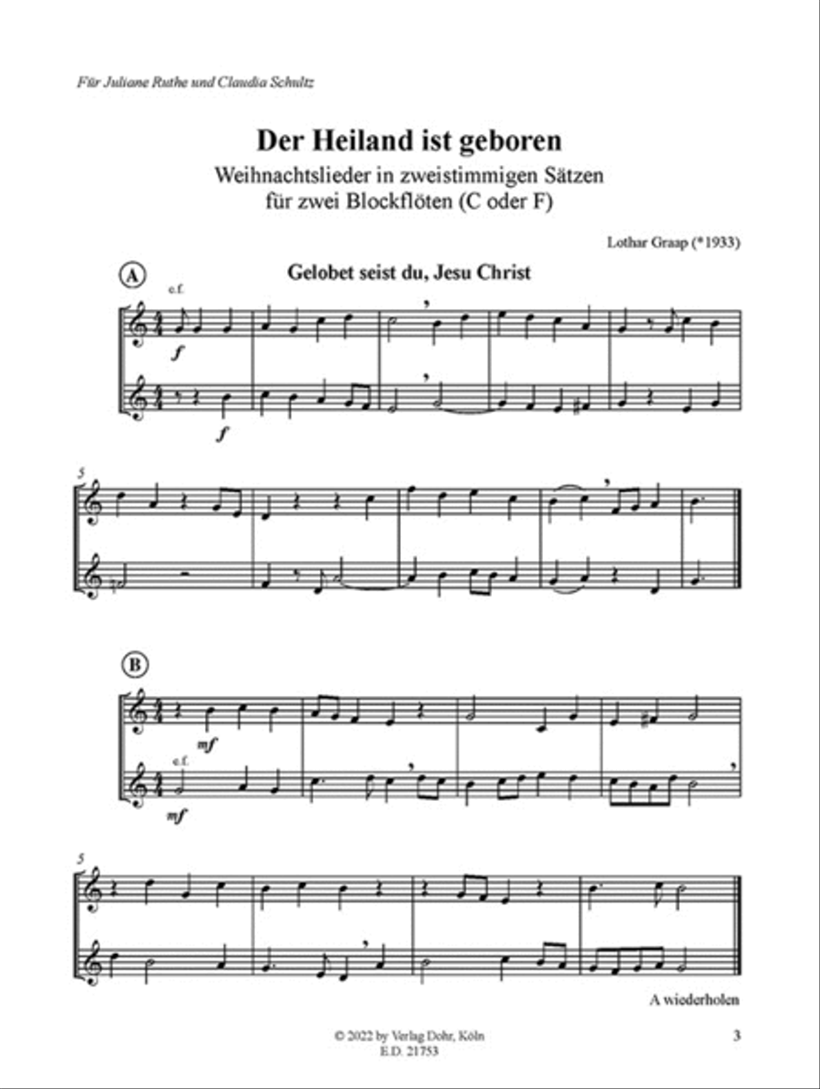 Der Heiland ist geboren -Weihnachtslieder in Sätzen für zwei Blockflöten (C oder F)- Performance Score scores gallery preview page 2