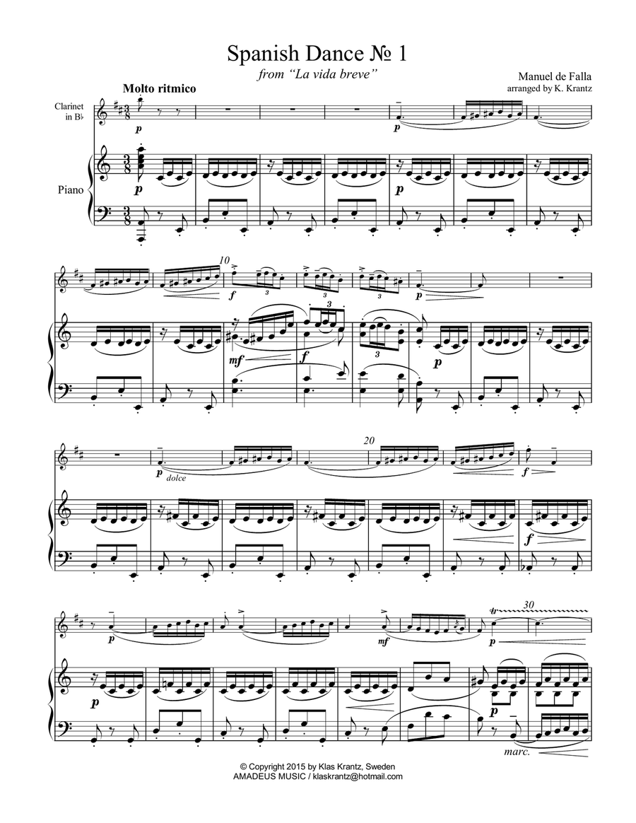 Spanish Dance No. 1, Danza from La vida breve for clarinet in Bb and piano B-Flat Clarinet scores gallery preview page 2