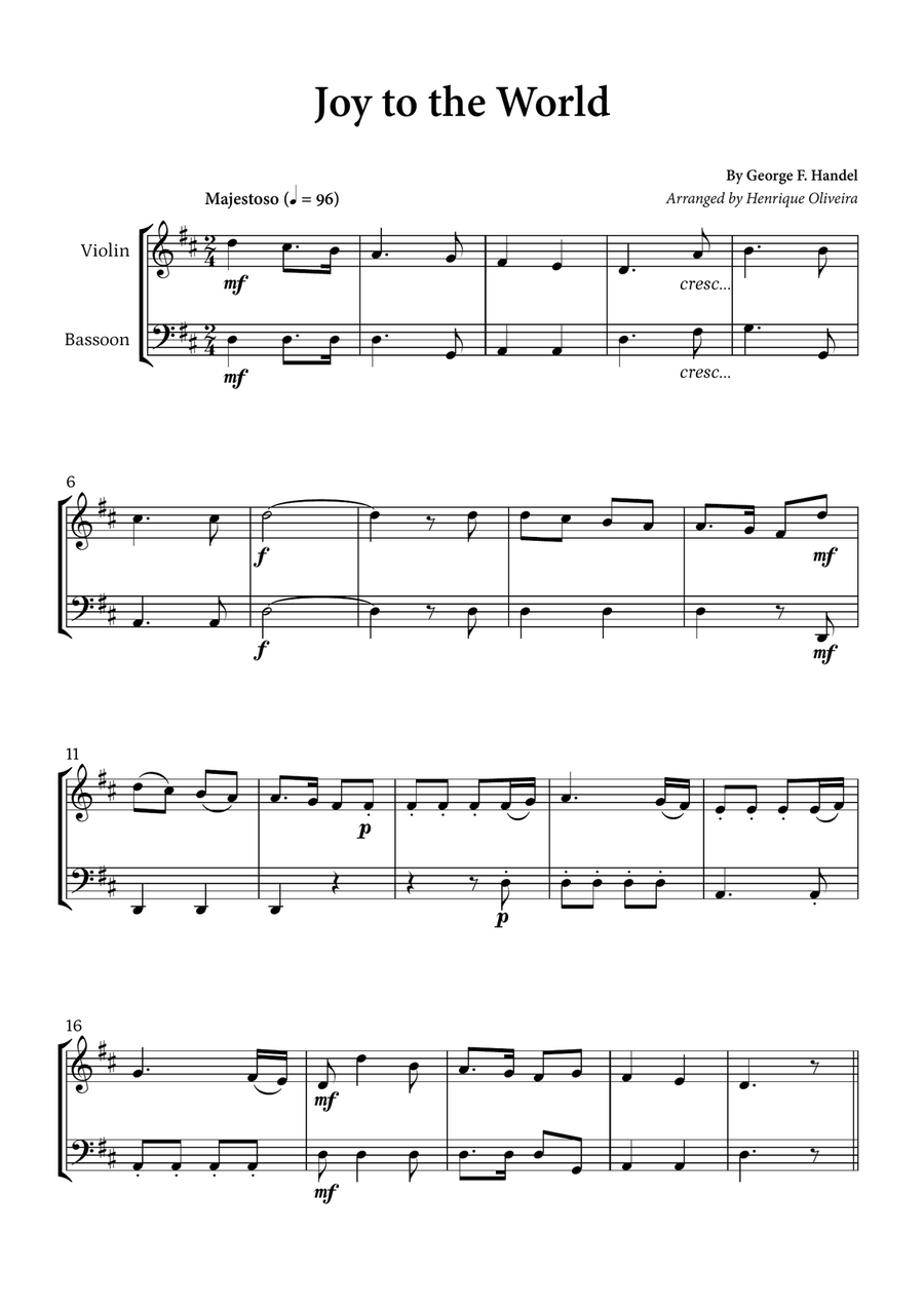 Joy to the World (Violin and Bassoon) - Christmas Carol Bassoon scores gallery preview page 1