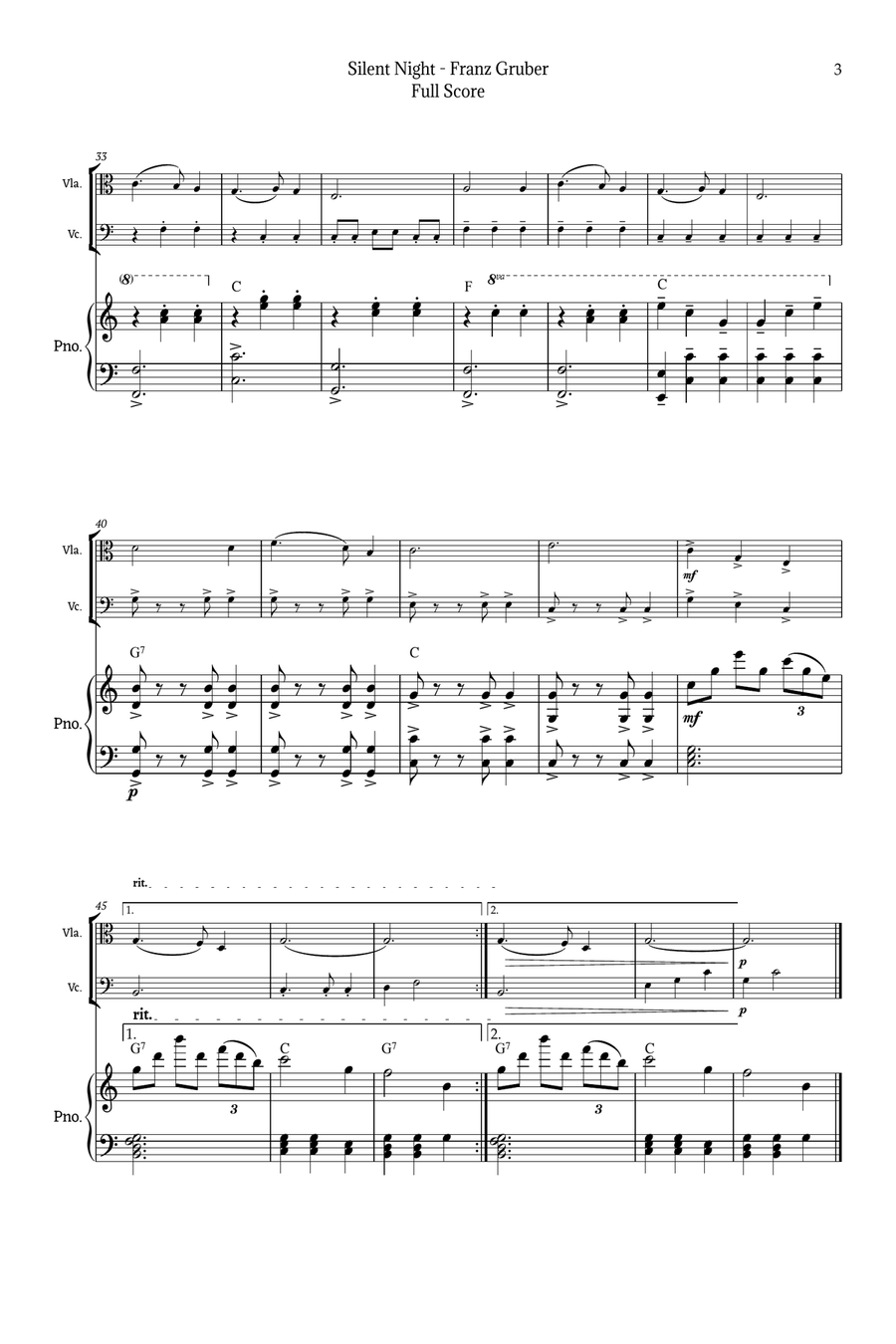 Silent Night for Viola and Cello Duet with Piano String Duet scores gallery preview page 3