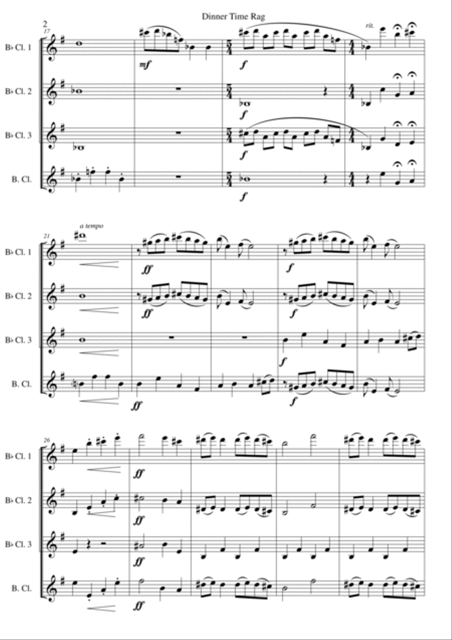 Dinner Time Rag for clarinet quartet (3 B-flat clarinets, 1 bass clarinet) Clarinet Quartet scores gallery preview page 2
