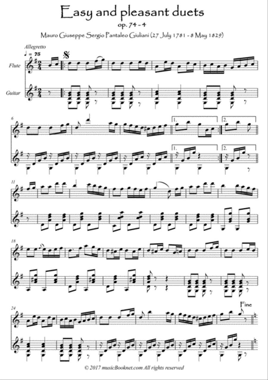 Easy Flute Guitar duets by Giuliani 74-4 Flute scores gallery preview page 1
