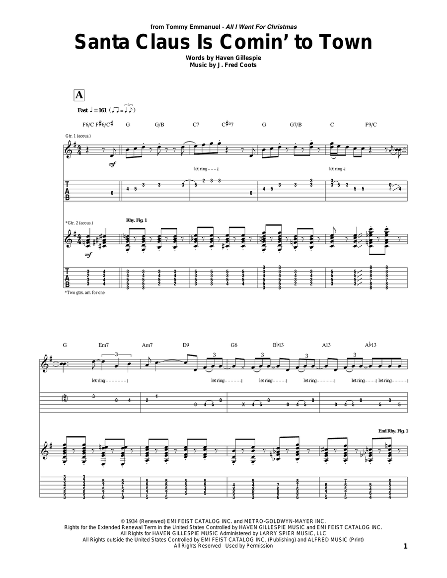 Santa Claus Is Comin' To Town Guitar Tablature scores gallery preview page 1