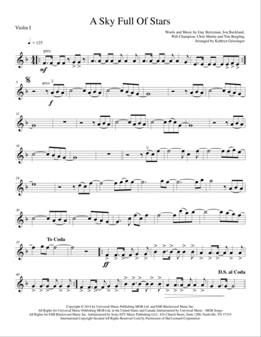 A Sky Full Of Stars String Quartet scores gallery preview page 1
