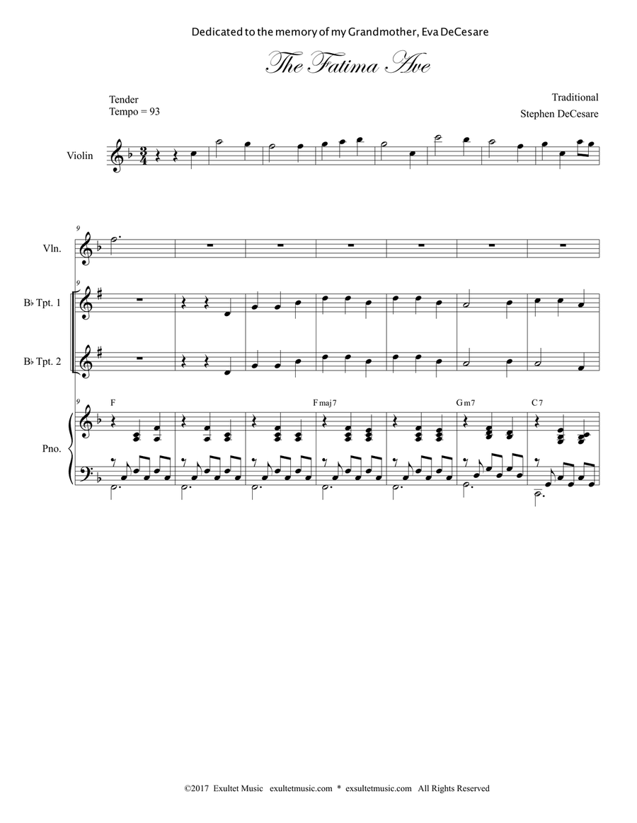The Fatima Ave (Brass Quartet and Piano) Brass Quartet scores gallery preview page 1