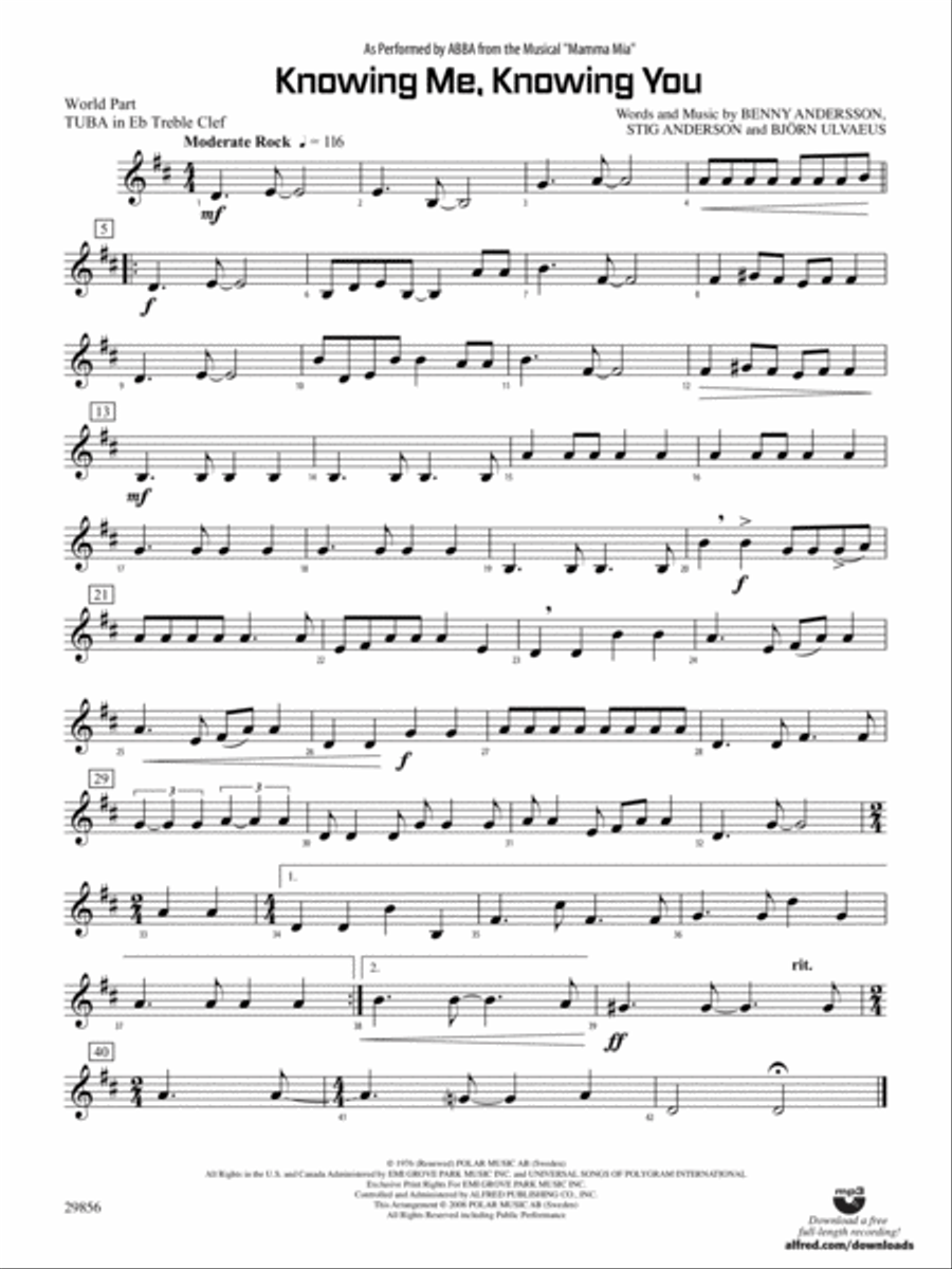 Knowing Me, Knowing You (As performed by ABBA from the musical Mamma Mia): (World Part) E-flat Tuba T.C. Concert Band scores gallery preview page 1