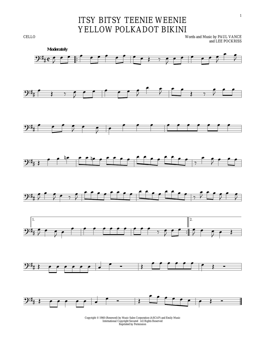 Itsy Bitsy Teenie Weenie Yellow Polkadot Bikini Cello Solo scores gallery preview page 1