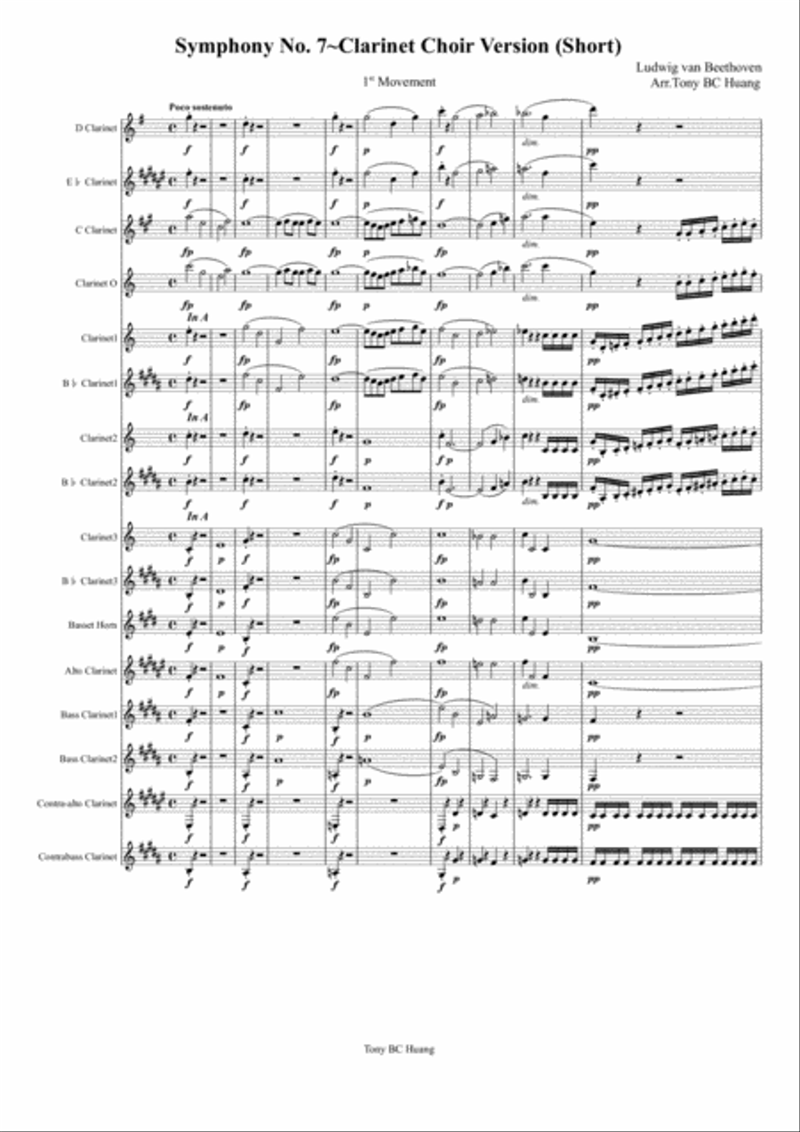 Beethoven Symphony No.7 for Clarinet Choir Clarinet Choir scores gallery preview page 1