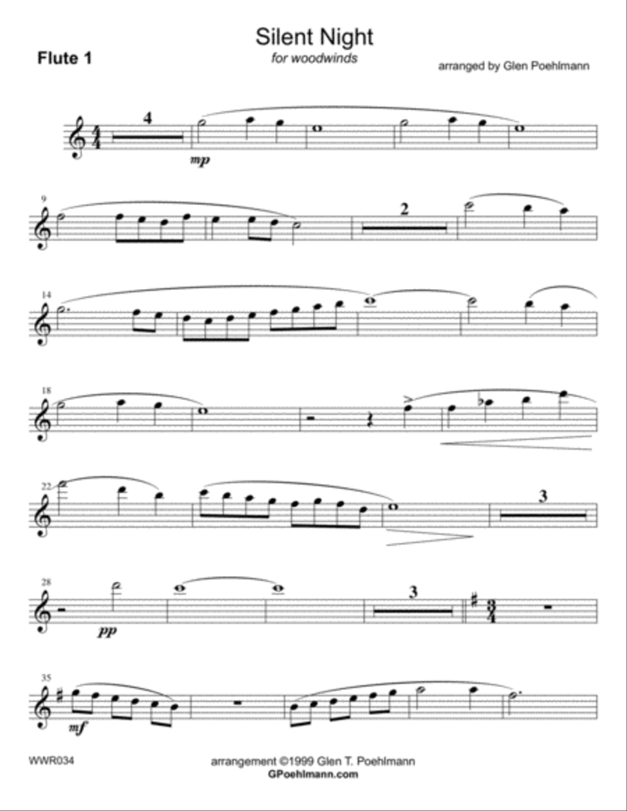 SILENT NIGHT - unaccompanied WOODWIND QUARTET (2 Flutes, Oboe & Clarinet) Woodwind Quartet scores gallery preview page 6