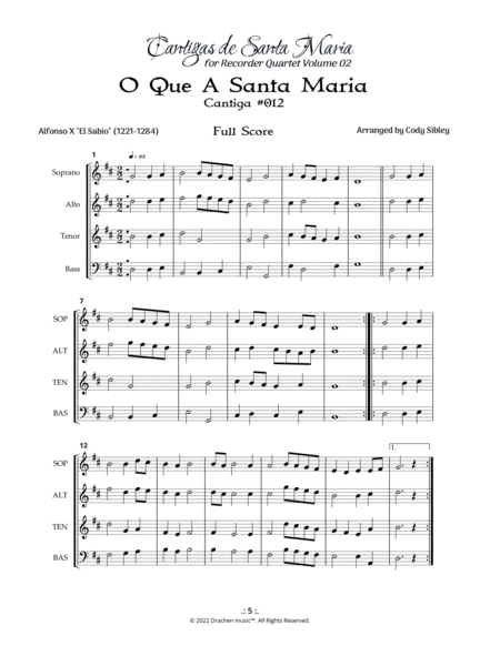 Cantigas de Santa Maria 012 O Que A Santa Maria for Recorder Quartet image number null