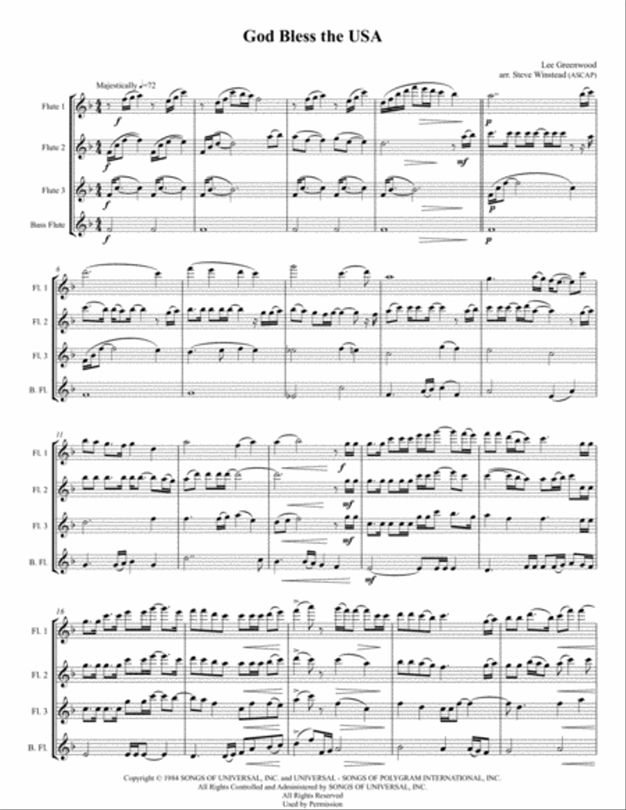 God Bless The U.s.a. Woodwind Quartet scores gallery preview page 1
