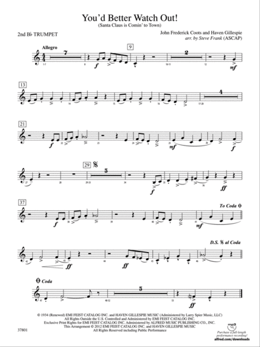 You'd Better Watch Out!: 2nd B-flat Trumpet Concert Band scores gallery preview page 1